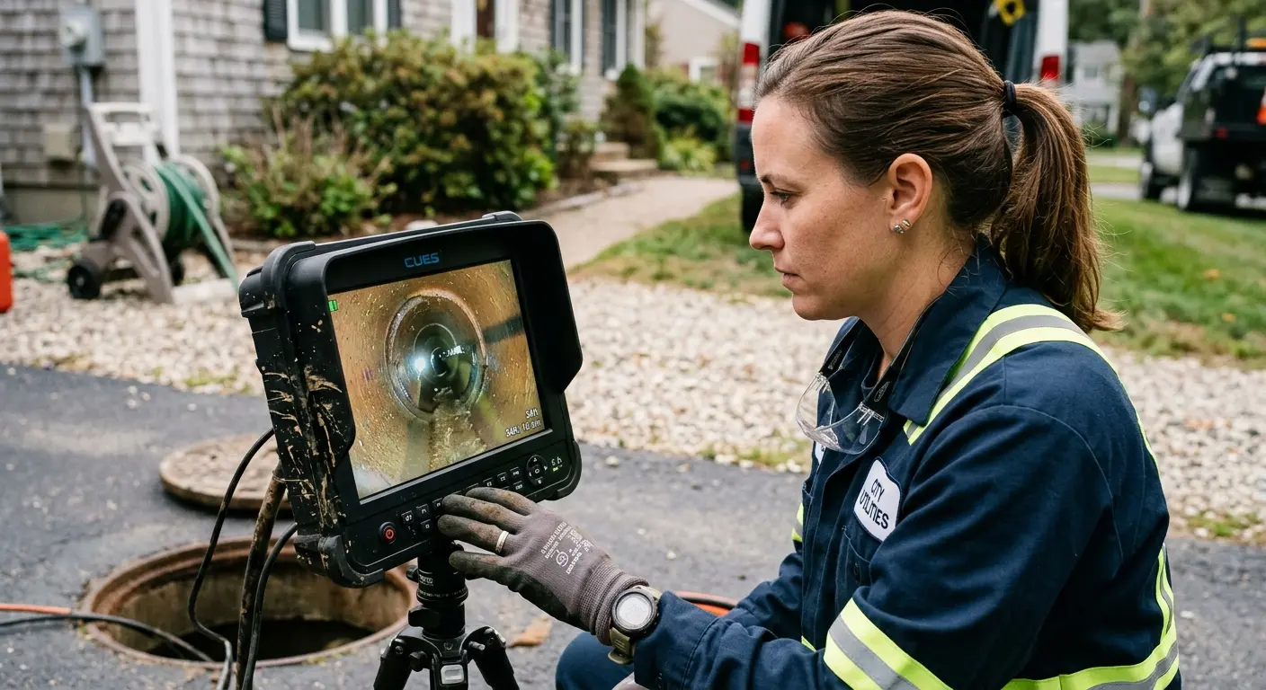 Technician reviewing sewer camera inspection footage in Boston