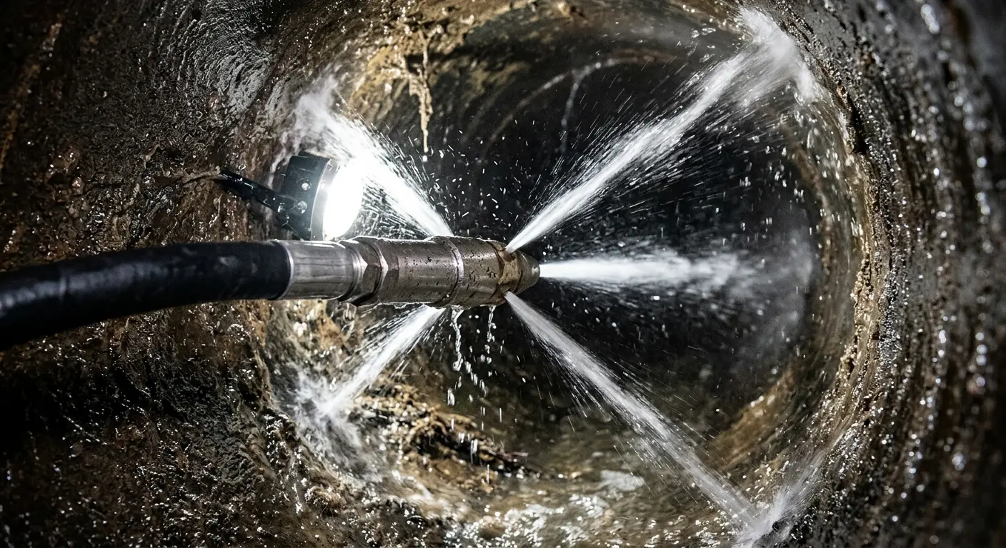 High-pressure hydro jetting nozzle cleaning sewer pipe for Sewer Cleanout in Boston