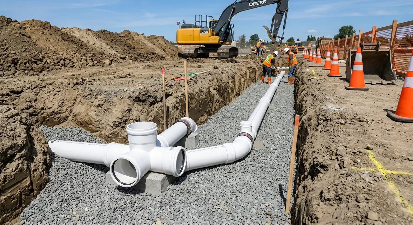 New PVC sewer pipe installation in open trench for Sewer Backup in Boston