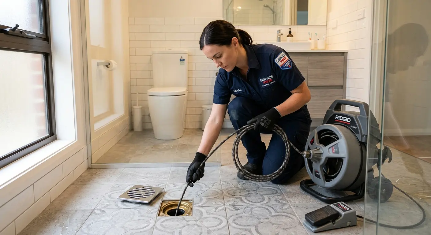 Technician clearing a bathroom floor drain for Drain Cleaning in Boston